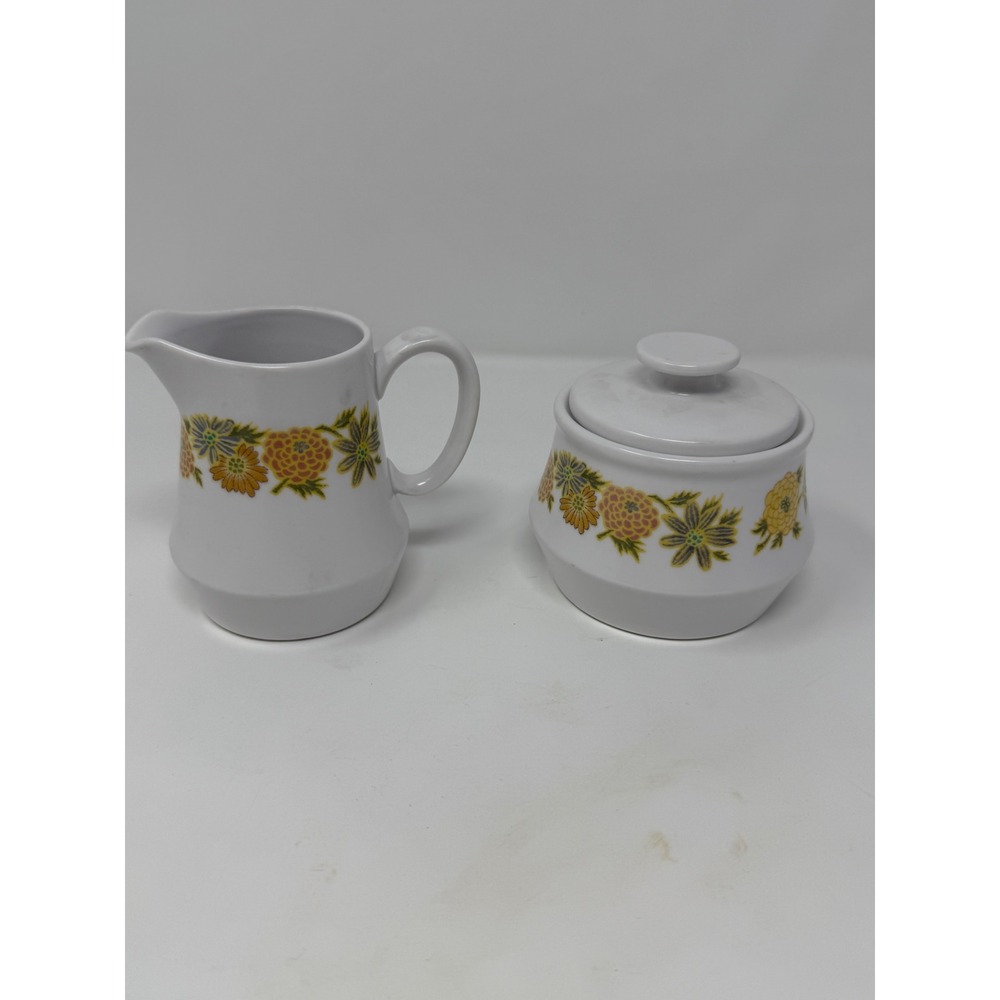 Noritake Progression Sunnyside 9003 Ceramic Sugar Bowl, Lid & Creamer VTG EUC